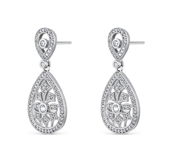 Sterling Silver and Zirconia Rhodium Plated Double Openwork Drop with Leaves Earrings
